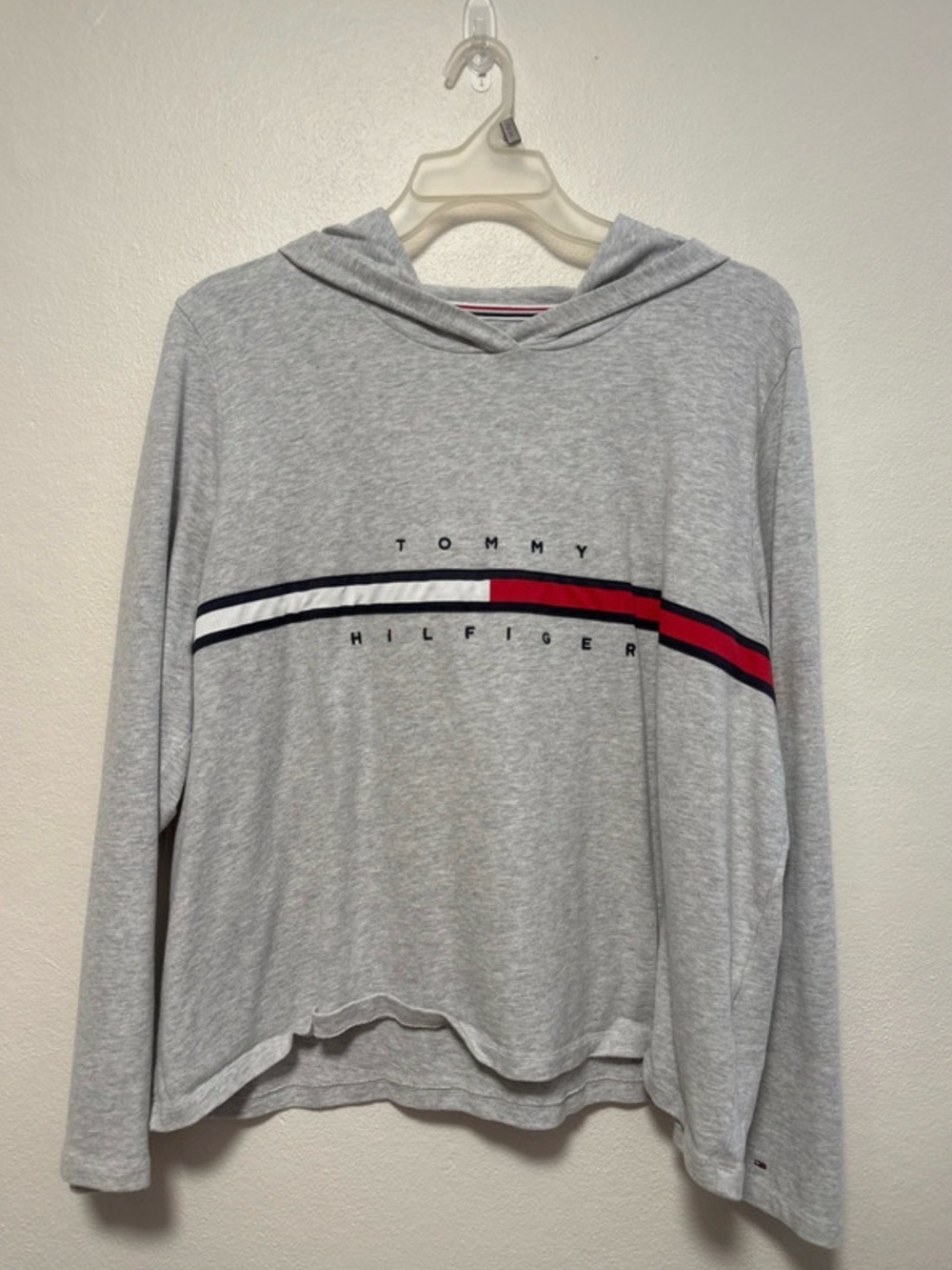 Tommy Hilfiger Light Gray Crewneck Sweater with Navy and Red Stripe